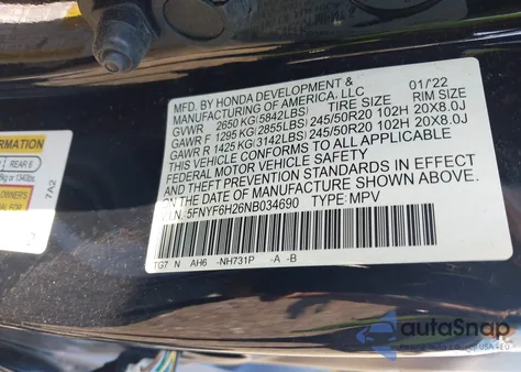 2022 Honda Pilot Awd Special Edition from USA, damaged, VIN 5FNYF6H26NB034690